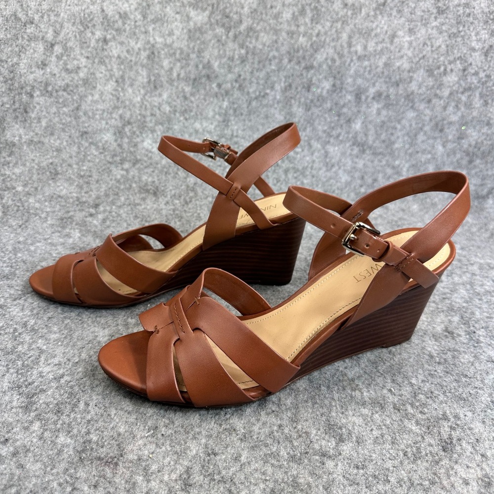 Nine West Womens Cognac Brown Wedge Sandals Ankle Strap Open Toe Heels - Picture 4 of 11